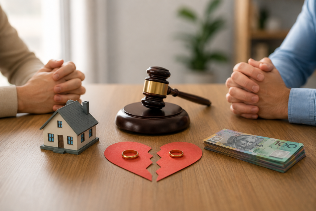 Image representation of a court balancing alimony for a divorced couple